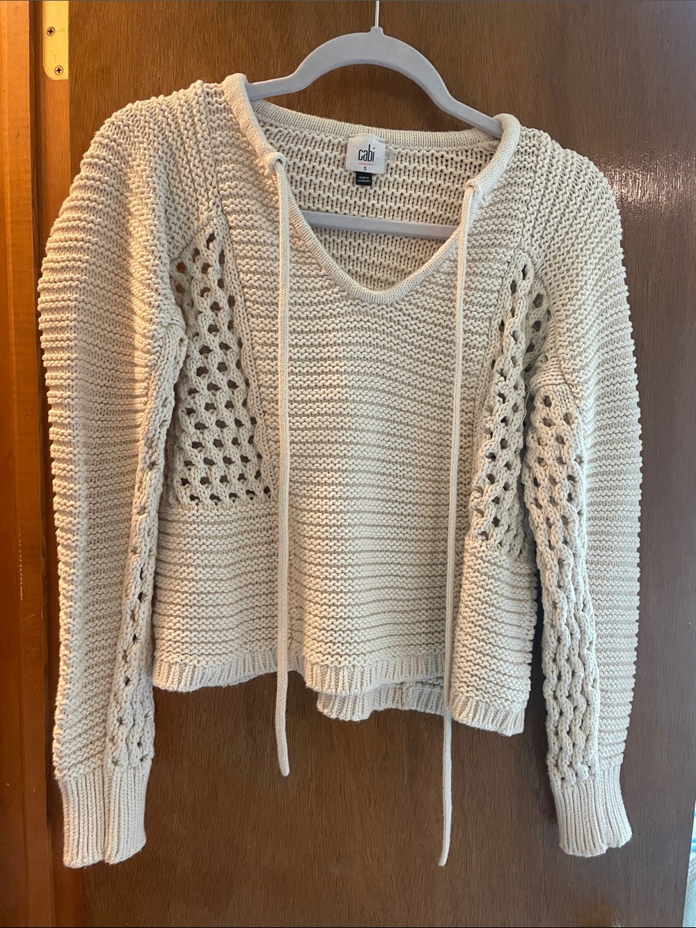 Cabi Cream V-Neck Drawstring Knit Sweater - Small